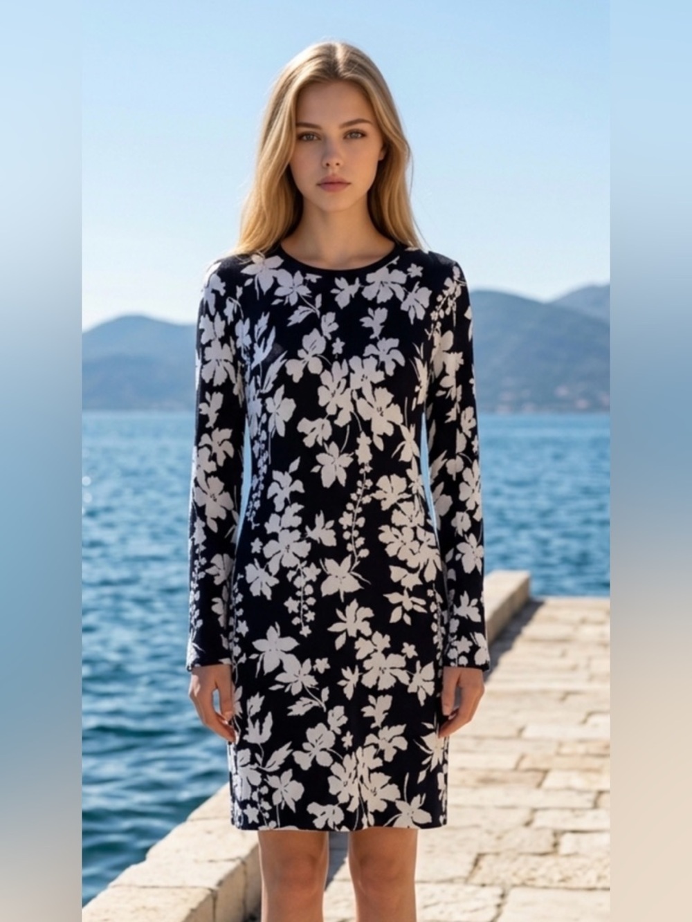 Michael Kors Dark Navy and White Floral Long-Sleeve Shift Dress